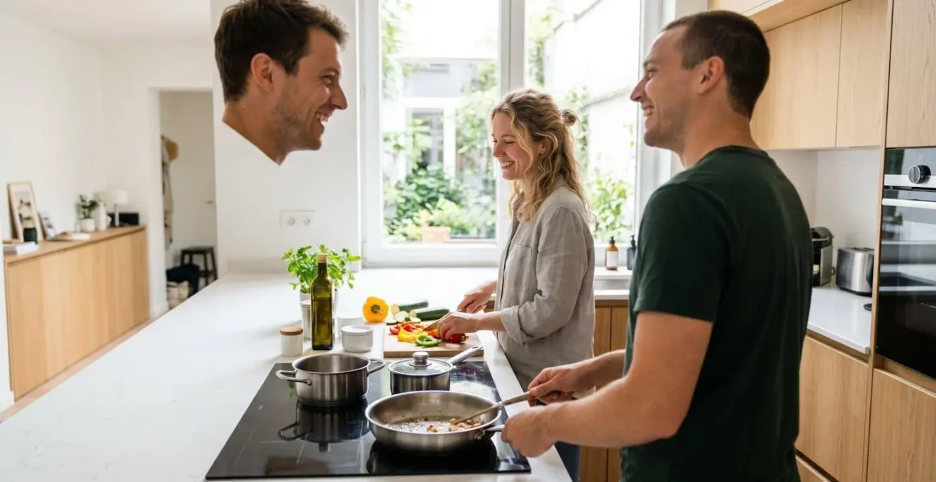 Un couple trentenaire prépare un repas ensemble dans une cuisine ouverte contemporaine, vue de trois-quarts dos, avec une plaque de cuisson visible au premier plan
