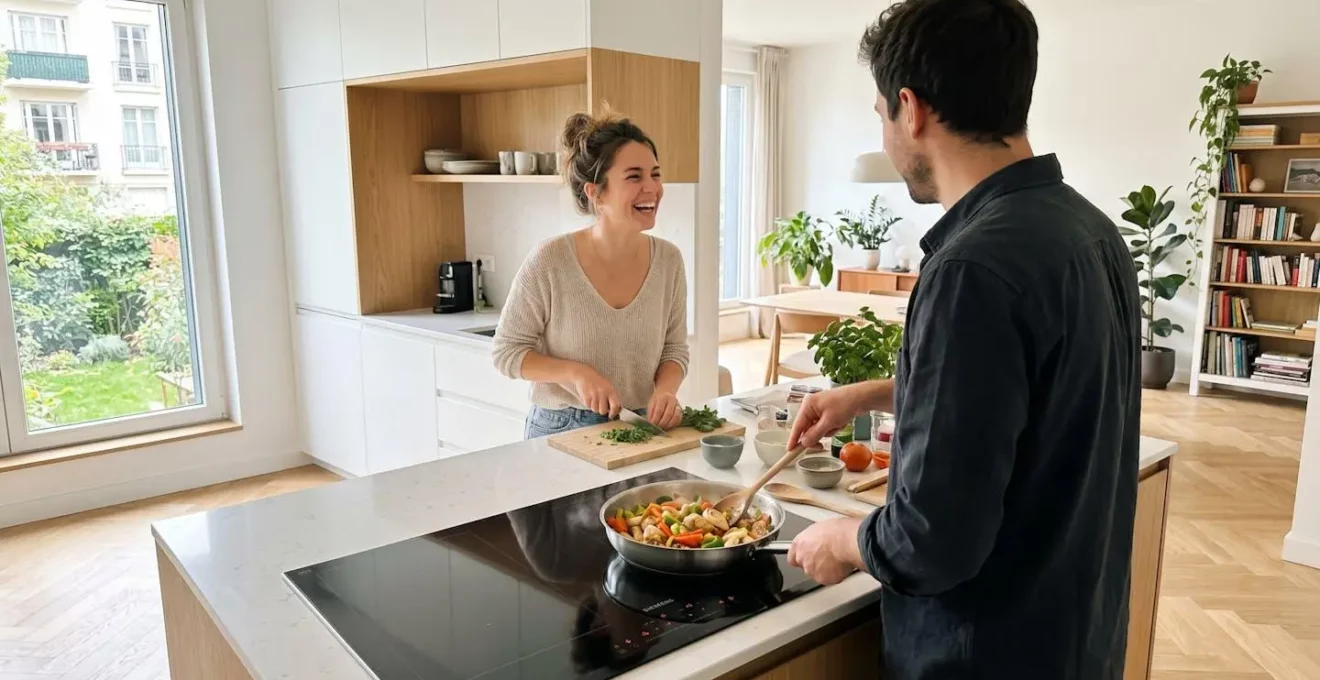 Un couple trentenaire prépare un repas ensemble dans une cuisine ouverte contemporaine, vue de trois-quarts dos, avec une plaque de cuisson visible au premier plan