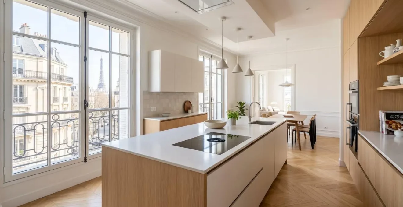 Vue grand angle d'une cuisine ouverte contemporaine française vide avec îlot central et grandes fenêtres apportant une lumière naturelle abondante