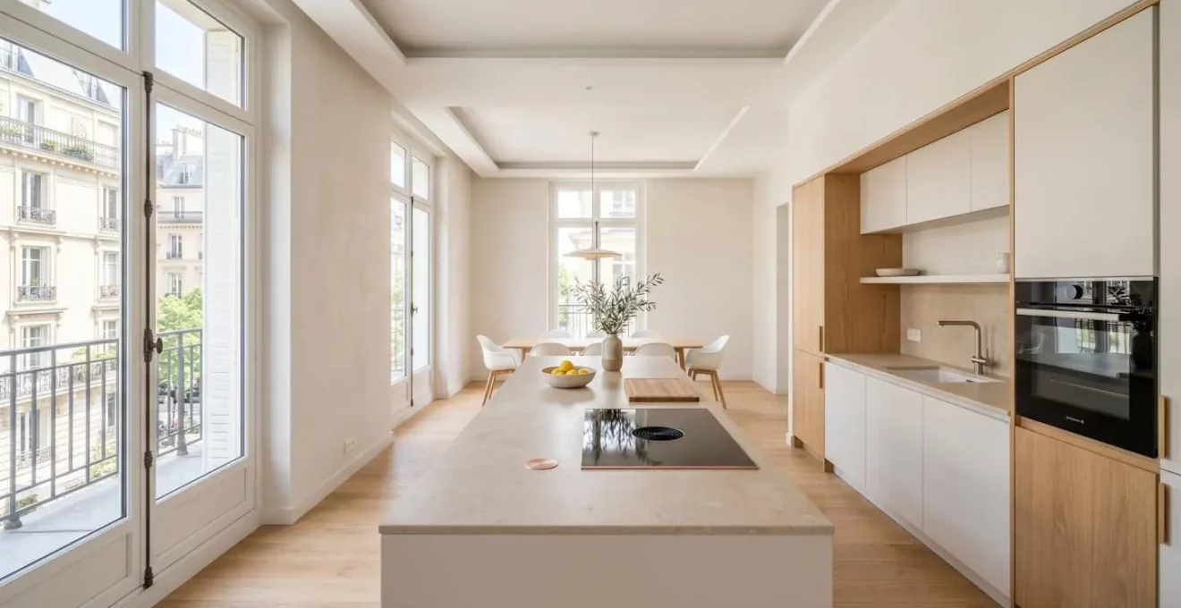 Vue grand angle d'une cuisine ouverte contemporaine française vide avec îlot central et grandes fenêtres apportant une lumière naturelle abondante