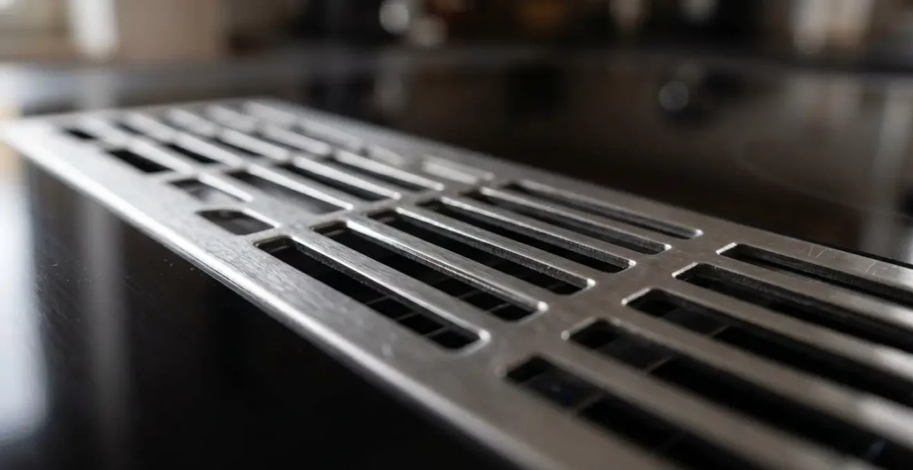Gros plan sur les grilles d'aspiration en métal brossé intégrées au centre d'une plaque à induction, avec reflets lumineux sur la surface noire brillante