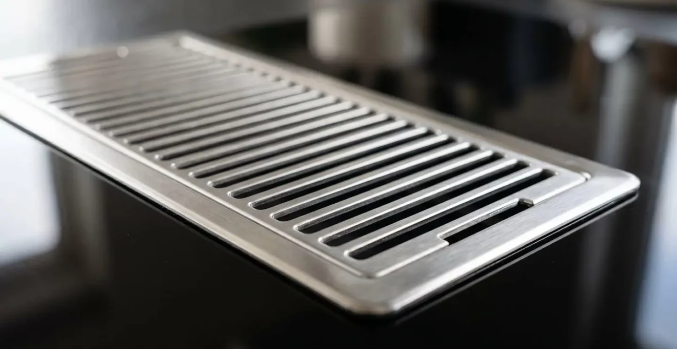 Gros plan sur les grilles d'aspiration en métal brossé intégrées au centre d'une plaque à induction, avec reflets lumineux sur la surface noire brillante