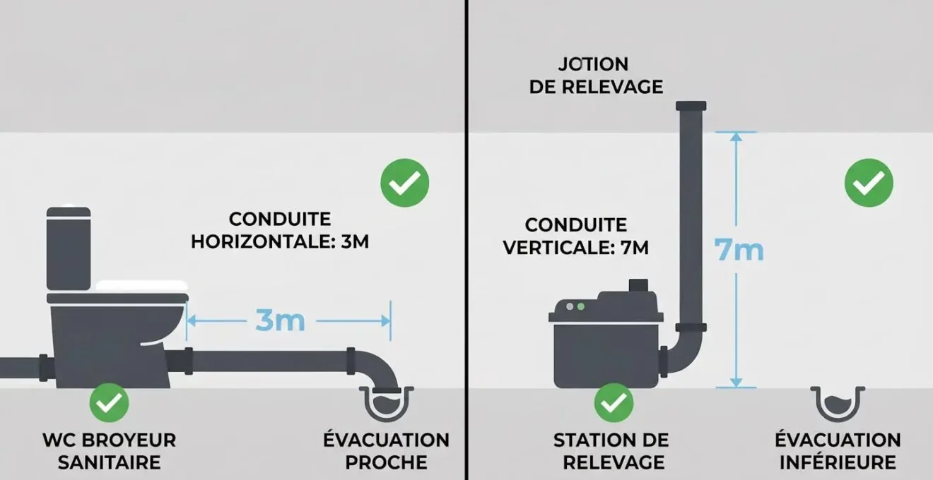 Infographie comparative montrant à gauche un WC broyeur pour évacuation courte et à droite une pompe de relevage pour refoulement vertical important