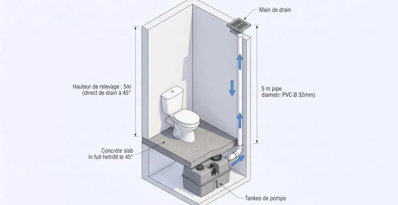 Schéma technique 3D en coupe montrant le fonctionnement d'une pompe de relevage WC avec refoulement vertical sur 5 mètres